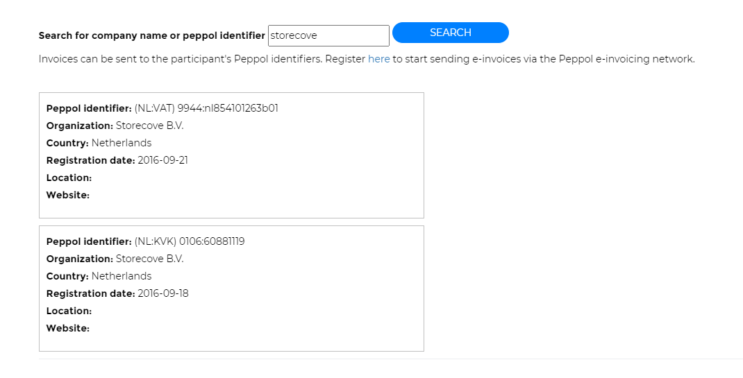 Screenshot of the Storecove Peppol Directory Search Box