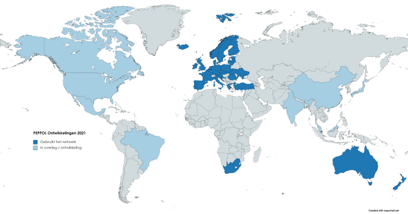 Kaart van de PEPPOL netwerk adoptie wereldwijd